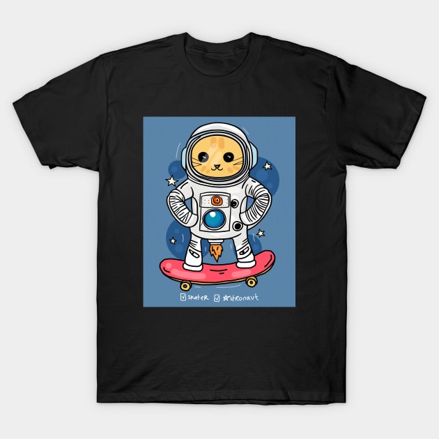 Cute Astronaut and Skater Cat T-Shirt by FlitStudio